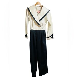 Leslie Fay Cream and Black Sailor-Collar Jumpsuit